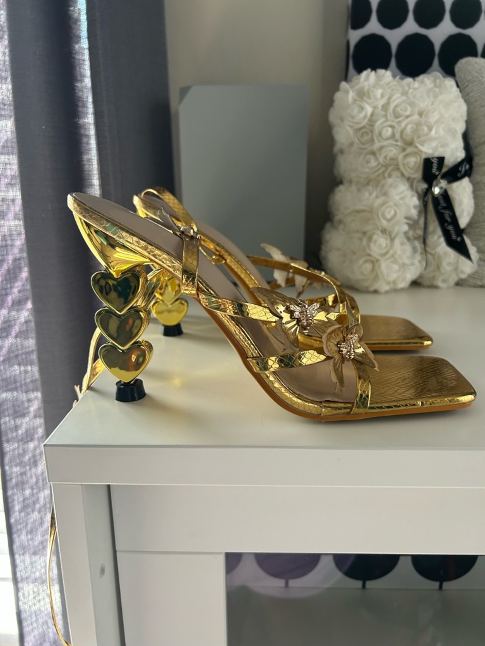 Gold Heart-Accent Strappy Heels - Women